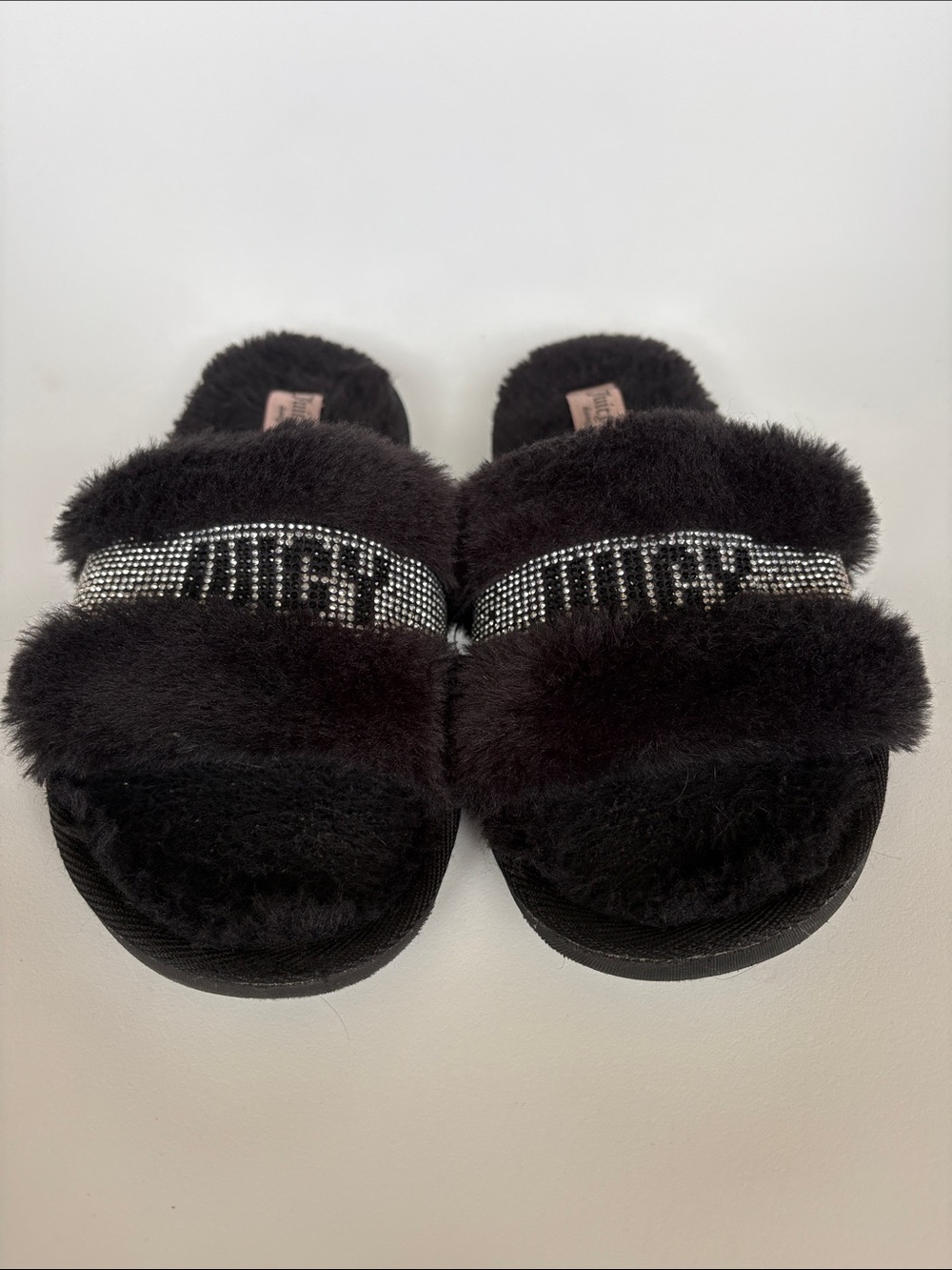 Juicy Couture Black Faux Fur Slide Slippers with Rhinestone Logo